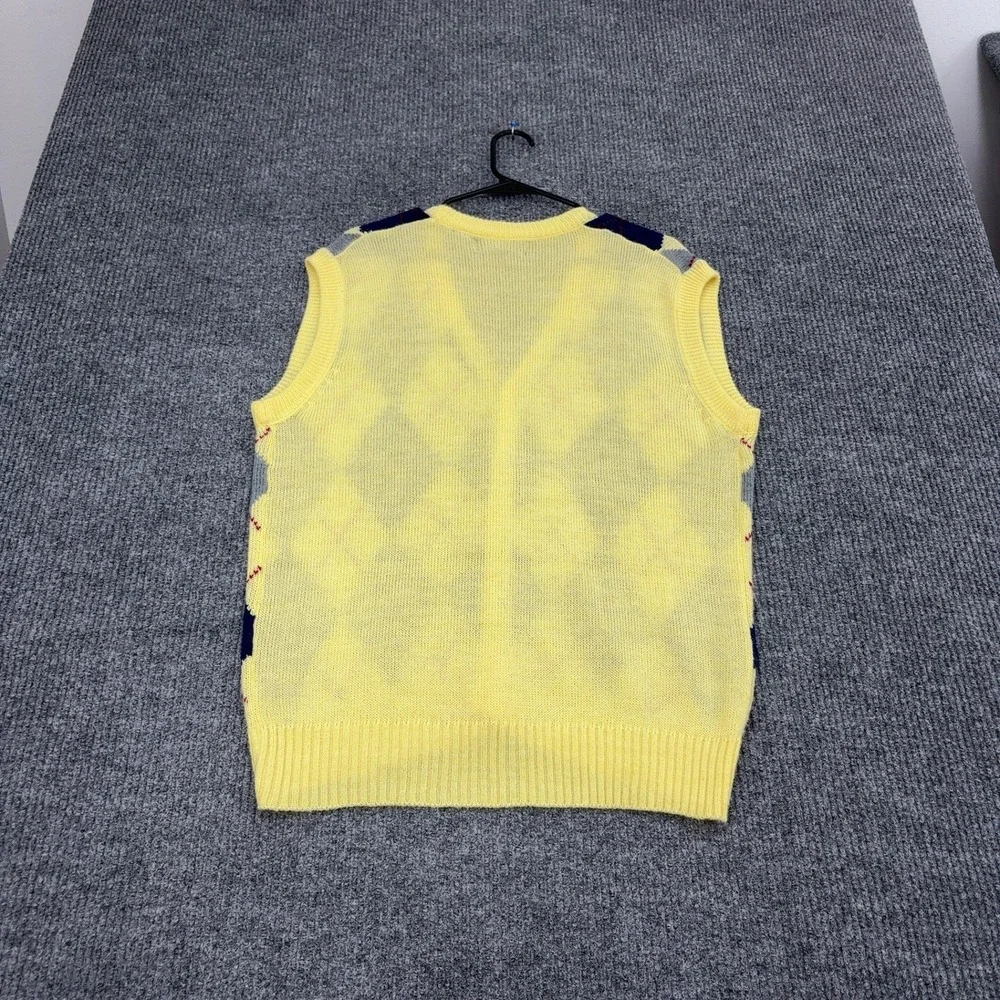 Vintage SIM Sportswear Sweater Vest Mens XL Yellow Acrylic Argyle V-Neck Preppy